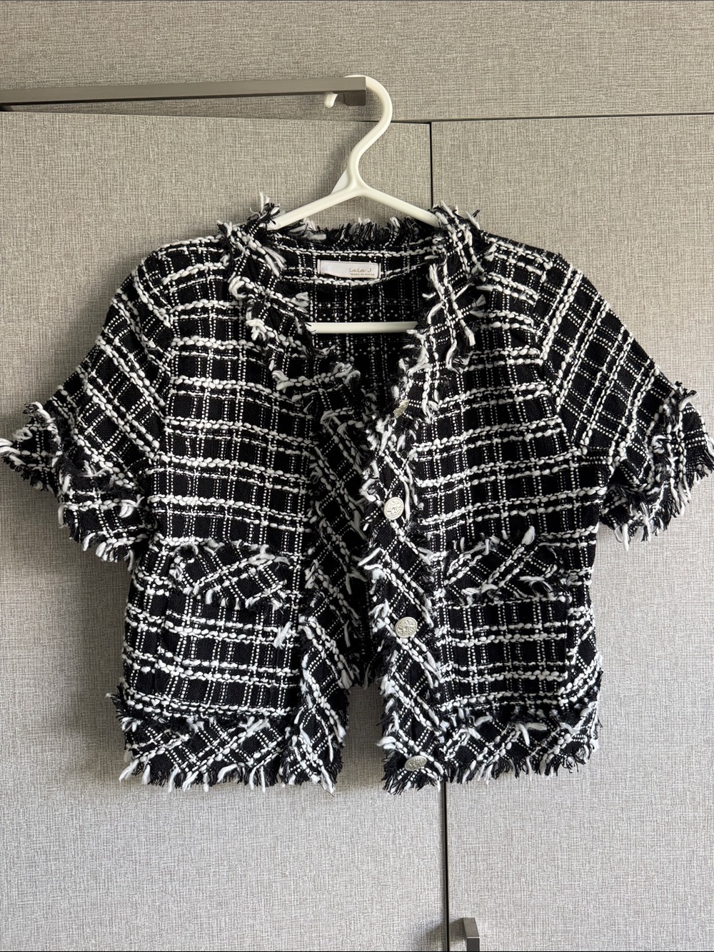 Black & White Tweed Cropped Fringe Jacket - Women's Blazer
